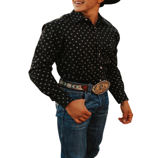 Camisa western preta para homem com mangas longas e padrão discreto de estrelas claras com colarinho clássico e fecho total