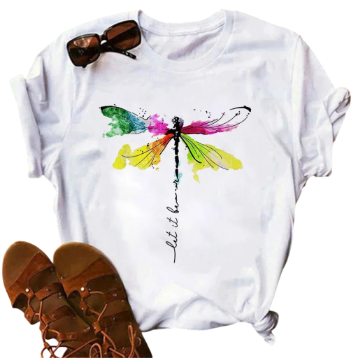 Camiseta blanca de mujer con una libélula de colores y la inscripción Let It Be Camiseta de manga corta Top ligero de verano con motivo de acuarela y energía positiva