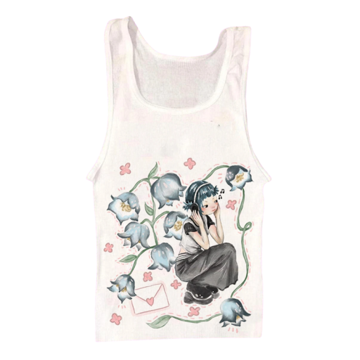 Camiseta blanca de tirantes para niña con estampado de anime. Chica con auriculares. Flores. Sobre de corazón. Bonita camiseta de tirantes. Material de algodón. Ropa cómoda de verano.