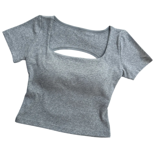 Camiseta curta feminina com decote nas costas Fitas decorativas Camiseta elástica com recorte Top elegante de manga curta