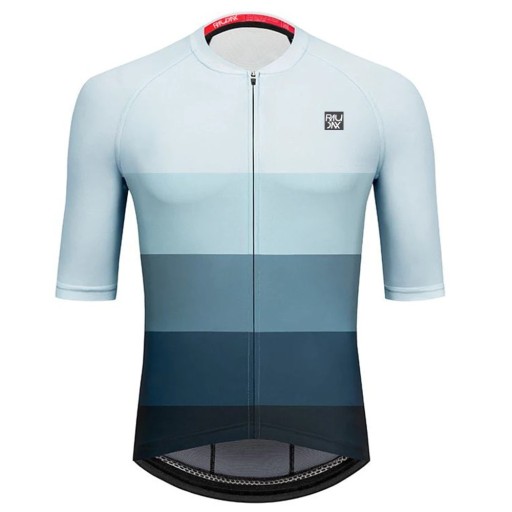 Camiseta de ciclismo de hombre azul a rayas con manga corta y cremallera, para ciclismo, deporte y actividades