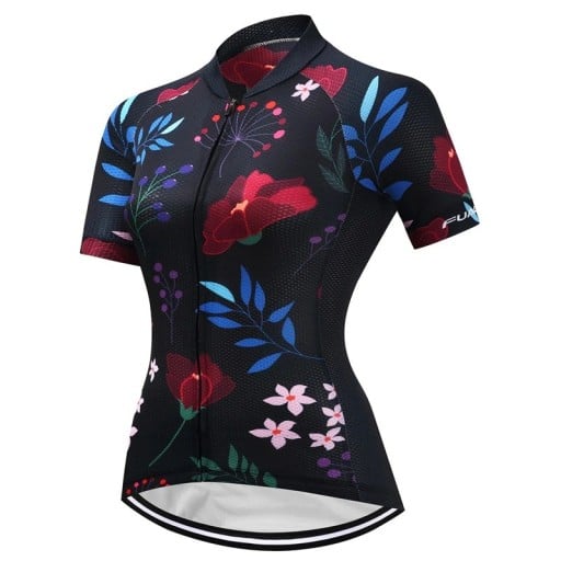 Camiseta de ciclismo para mujer de manga corta, negra con motivo floral, para ciclismo y deporte