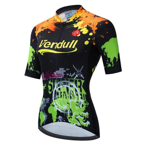 Camiseta de ciclismo para mujer de manga corta, negra con motivo gráfico colorido, para ciclismo y deporte