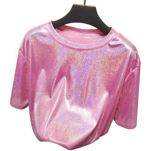 Camiseta de manga corta brillante para mujer Corte holgado Top brillante con escote redondo Camiseta de moda para fiestas y uso diario