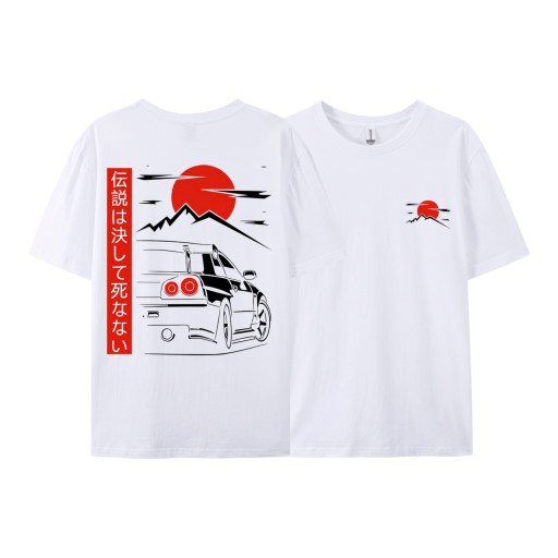 Camiseta de manga corta con estampado de coche deportivo en estilo japonés con sol rojo y montañas en la espalda y en el pecho unisex