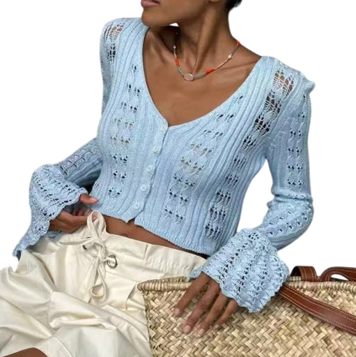 Camiseta de manga larga de crochet para mujer, elegante, transpirable, con botones, ligera, estilo romántico vintage para verano.