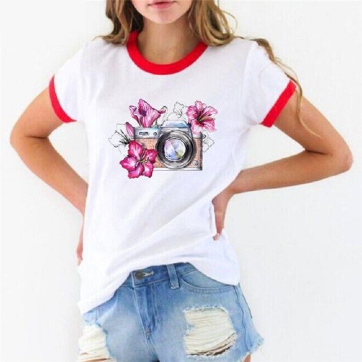 Camiseta de mujer con estampado de cámara