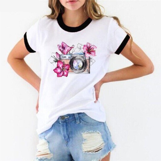 Camiseta de mujer con estampado de cámara