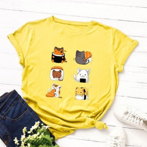 Camiseta de mujer con estampado de sushi y gato