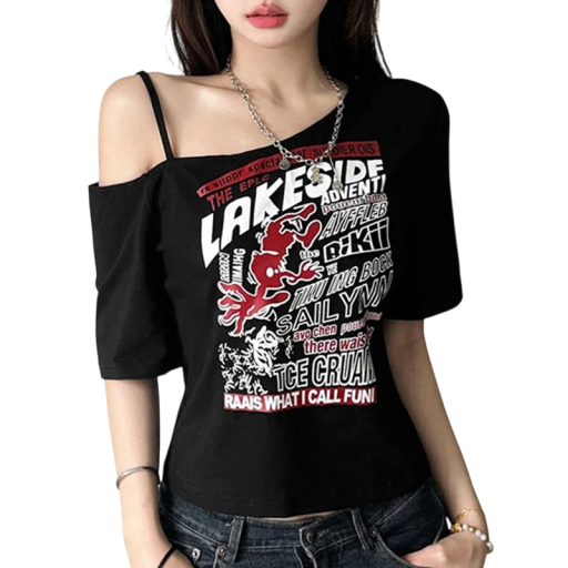 Camiseta de mujer con hombros descubiertos Corte holgado Estampado elegante Motivo streetwear Top de moda con escote asimétrico Moda casual de verano Camiseta de mujer con hombros descubiertos Corte holgado Estampado elegante Motivo streetwear Top de moda con escote asimétrico Moda casual de verano