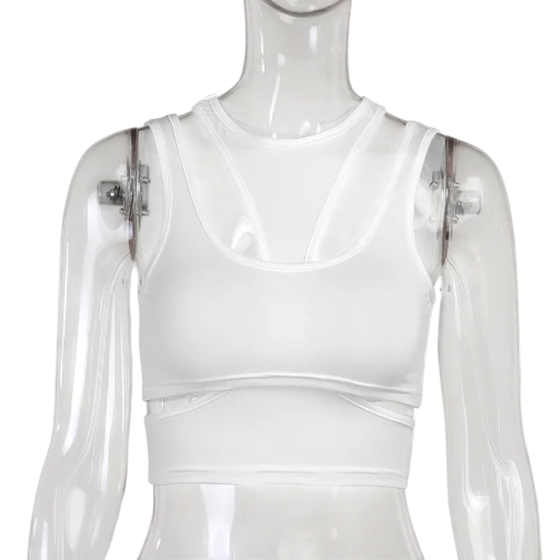 Camiseta de mujer sin mangas de color sólido Crop top Escote en O Con cortes Tirantes anchos Poliéster spandex elástico top moderno