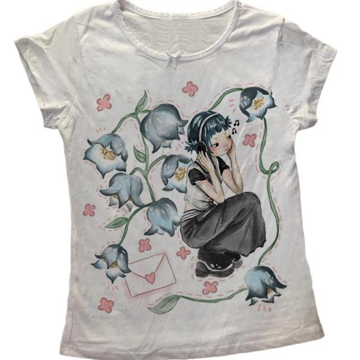 Camiseta de niña de algodón blanco con estampado de anime Chica escuchando Flores Letra Ilustración linda Escote redondo Ribete de encaje