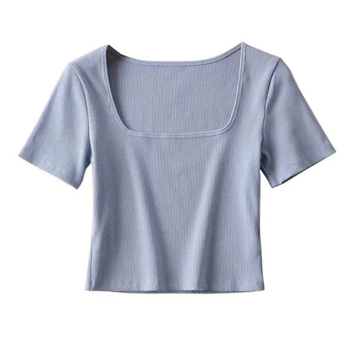 Camiseta de Senhora com Mangas Curtas Decote Quadrado Elegante Corte Justo Material Leve em Canelado Top Básico Estiloso para Uso