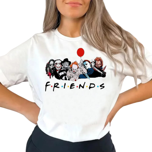 Camiseta de terror para mujer Friends Personajes de terror Estampado de película Estilo divertido Mangas cortas Material cómodo Diseño original