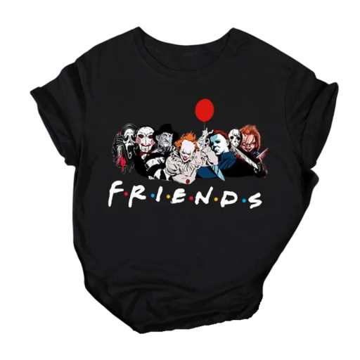 Camiseta de terror para mujer Friends Personajes de terror Estampado de película Estilo divertido Mangas cortas Material cómodo Diseño original