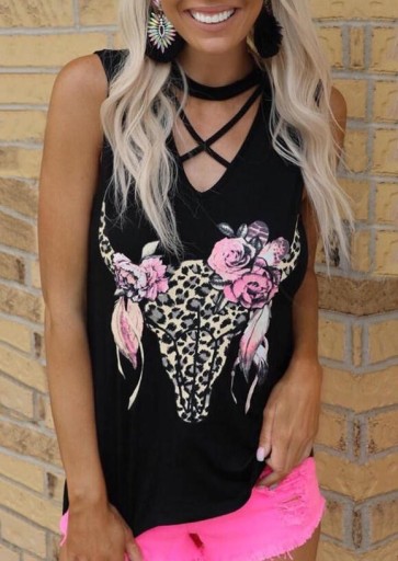 Camiseta de tirantes de mujer con flores, color negro