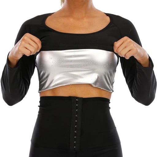 Camiseta térmica negra de manga larga para mujer. Camiseta fitness con efecto sauna. Camiseta moldeadora para quemar grasa. Camiseta deportiva