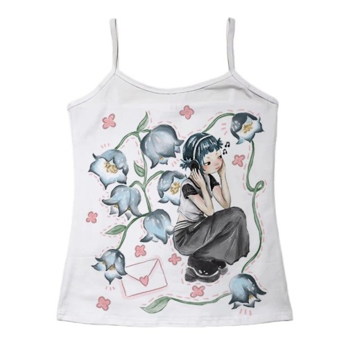 Camisola branca de menina com alças finas Estampagem Anime Rapariga com auscultadores Flores Carta Top fofinho Roupa de Verão Material leve e confortável