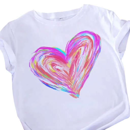 Camisola branca feminina com estampa colorida de coração Manga curta Camisola moderna com motivo abstrato Pincéis coloridos Material suave Conforto e estilo