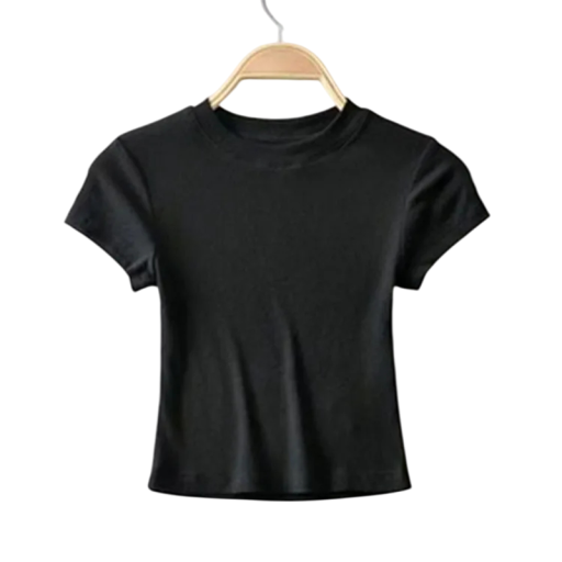 Camisola cropped riscada feminina com mangas curtas Top elástico com decote redondo Corte justo moderno Camisola de uma só cor