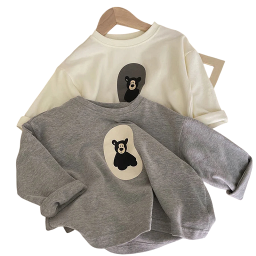 Camisola de criança de manga longa com motivo de urso Top solto de primavera e outono com decote redondo Camisola de uma só cor para rapazes e raparigas