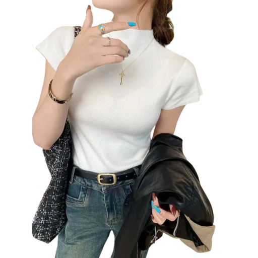 Camisola de malha para senhora em algodão e poliéster com mangas curtas Camiseta de malha de uma só cor com decote em O Estilo elegante