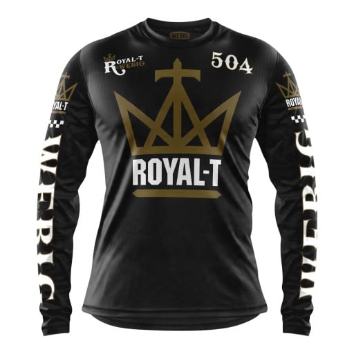 Camisola de motocross de manga longa com grande motivo de coroa no peito com número e inscrições nas mangas para andar de moto