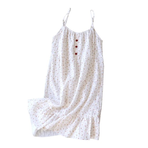 Camisola de noite feminina creme até ao joelho com pequenas flores em alças ajustáveis com decote franzido e volantes na bainha