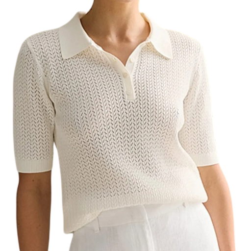 Camisola feminina com gola Padrão de croché elegante Manga curta Material de malha respirável Top leve Design arejado para o verão