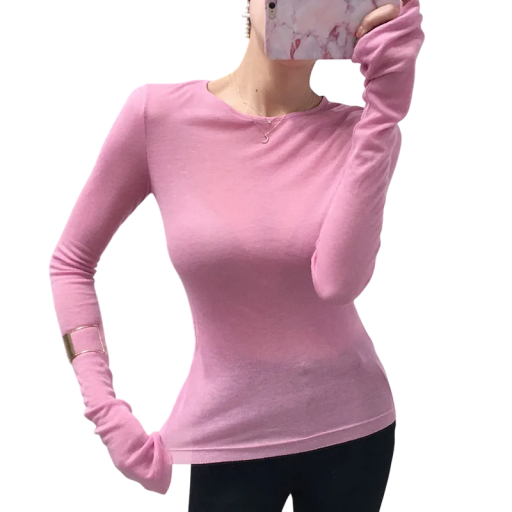 Camisola feminina justa de manga longa Top elástico elegante Camisola de uma cor para o dia a dia Peça básica de moda para o guarda-roupa