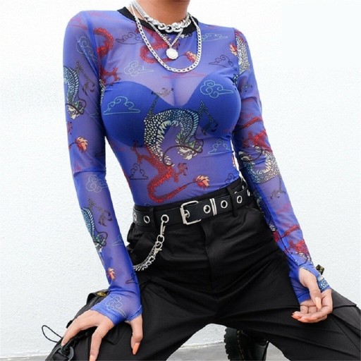 Camisola feminina transparente com motivo de dragão