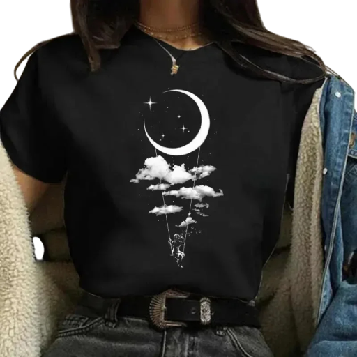 Camisola preta feminina com estampa da lua e baloiço Decote redondo Manga curta Top estiloso com motivo nocturno para uso diário
