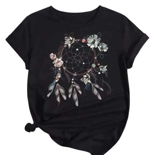 Camisola preta feminina com estampado de apanhador de sonhos Flores e penas Manga curta Decote redondo Corte solto Moda casual estilosa