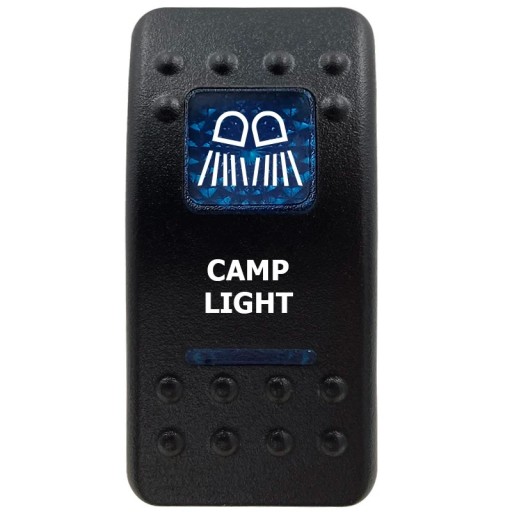 CAMP LIGHT kolébkový spínač egy pólusú kapcsoló 12V vízálló kék LED háttérvilágítással fekete világításvezérlő hajókhoz és lakókocsikhoz