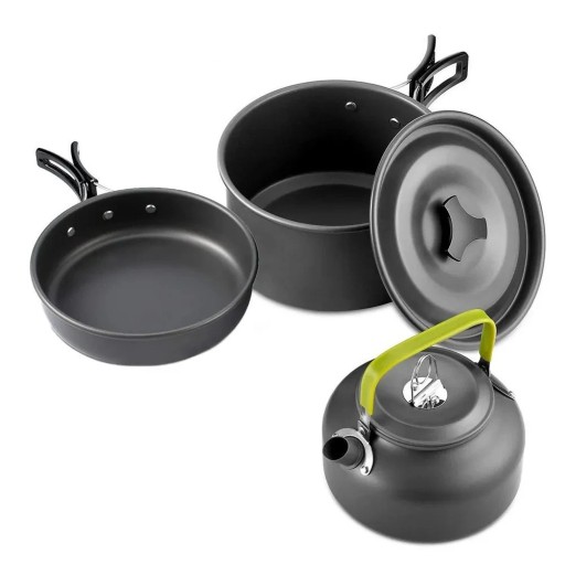 Campinggeschirr Set 3 Teile Antihafttopf 2 l Pfanne 1 l und Kanne 0,8 l Aluminium und hitzebeständige Griffe Grau Für Camping und Wandern