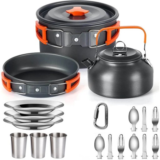 Campinggeschirrset für 3 Personen Topf 175 x 95 mm Pfanne 180 x 45 mm Kanne 800 ml Tassen 330 ml Harte Aluminiumlegierung Für Camping