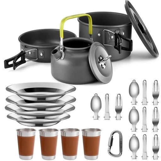 Campinggeschirrset Topf Pfanne Teekanne Teller Besteck und Tassen 500 ml Gehärtetes eloxiertes Aluminium Grau-Schwarz Für Camping und Picknick