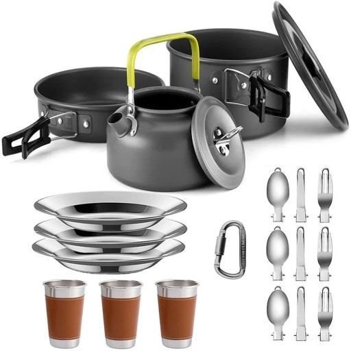 Campingset för 3 personer Non-stick gryta 175 x 95 mm stekpanna 180 x 45 mm vattenkokare 800 ml muggar 500 ml och hopfällbara bestick