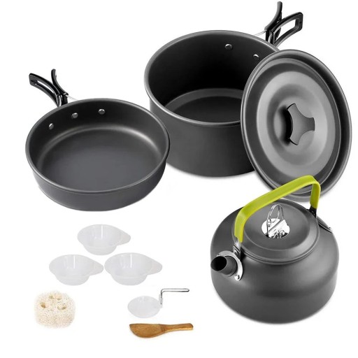Campingtopf 1,5 l mit Pfanne 0,8 l Für 3 bis 4 Personen Wärmetauscher 180 x 150 mm Hart eloxiertes Aluminium Schwarz Trekkinggeschirr
