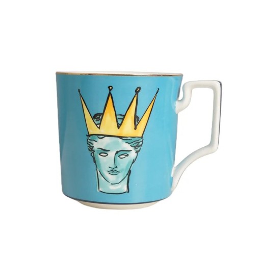 Cana ceramică 400 ml cu motiv decorativ al unei figuri cu coroană ceramică rezistentă cană albastră pentru cafea ceai acasă și birou