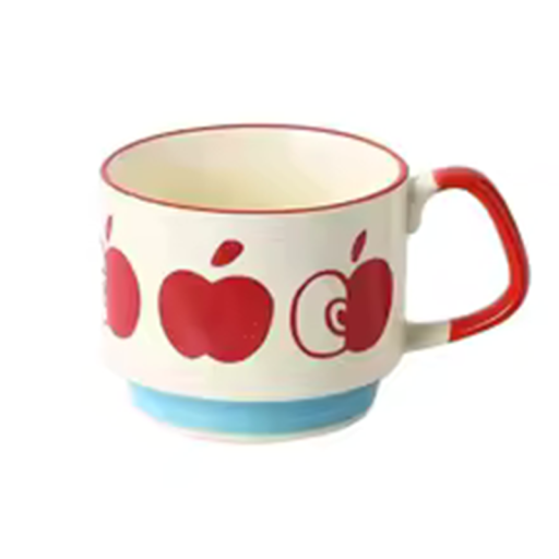 Cana ceramică cu decor de mere 300 ml cană clasică pentru cafea alb-roșie cu fund albastru pentru uz casnic