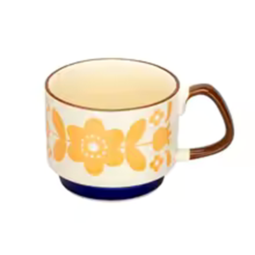 Cana ceramică cu decor floral 300 ml cană clasică pentru cafea alb-galben cu fund albastru închis pentru uz casnic