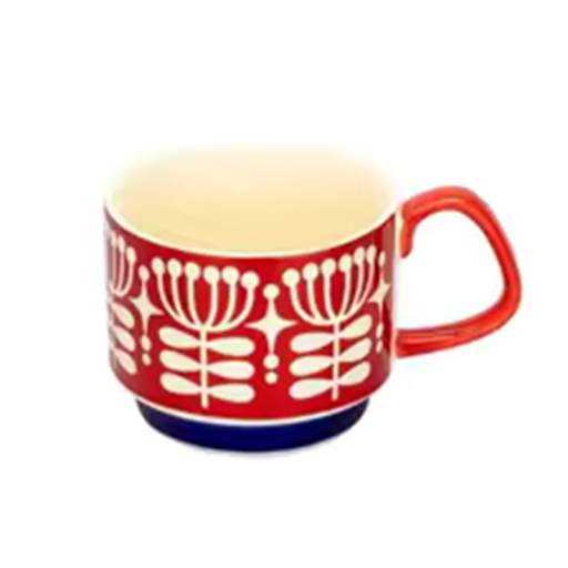 Cana ceramică cu decor floral 300 ml cană clasică pentru cafea roșie cu model alb și fund albastru