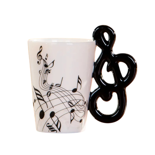 Cana ceramică cu motiv de cheie de sol și mâner în formă de notă 240 ml, design decorativ pentru cafea, ceai și utilizare zilnică