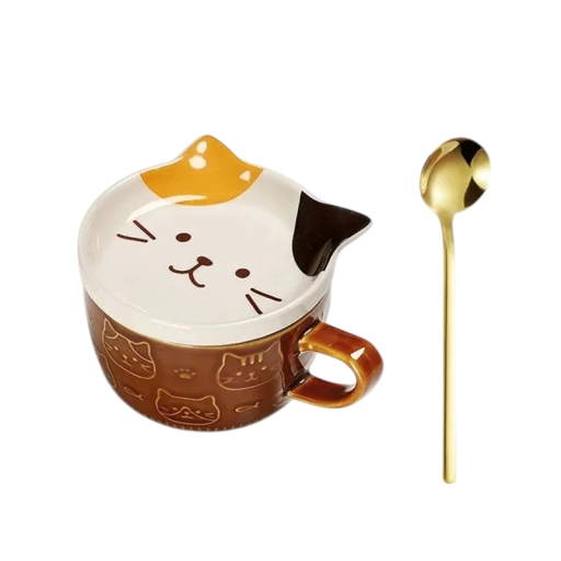 Cana ceramică cu motiv de pisică 300 ml ceașcă pentru cafea maro cu mâner și linguriță pentru uz casnic