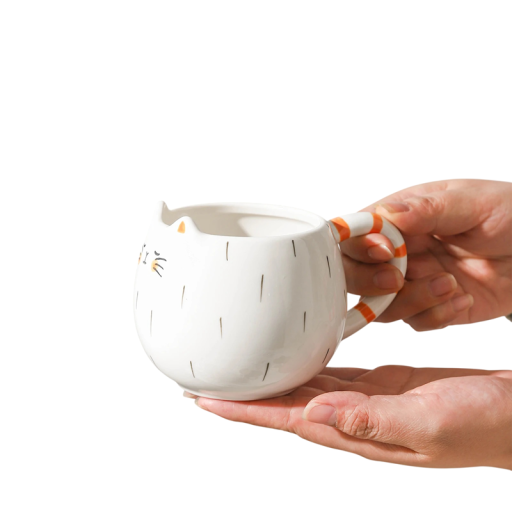 Cana ceramică cu motiv de pisică 380 ml cană rotundă pentru cafea albă cu detalii portocalii pentru utilizare acasă