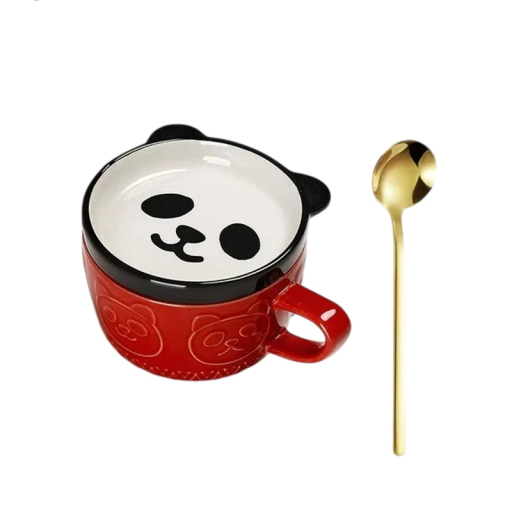 Cana ceramică cu motiv panda 300 ml, ceașcă pentru cafea roșie cu mâner și linguriță pentru utilizare acasă