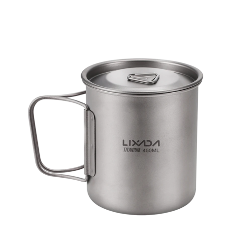 Cană de apă din titan, 450 ml, ultraușoară, cu capac și mâner pliabil, 8,5 x 9,8 cm, cană de camping din titan cu geantă, 84 g, articole de masă pentru exterior