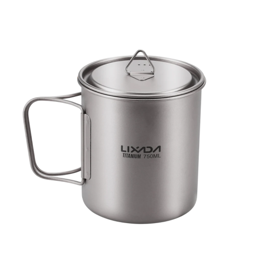 Cană de apă ultraușoară din titan, 750 ml, cu capac și mâner pliabil, 11 x 9,7 cm, greutate 121 g, cană de camping cu geantă de depozitare pentru exterior