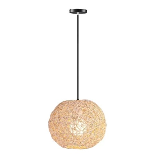 Candeeiro suspenso natural em estilo moderno Candeeiro suspenso de ratan feito à mão Lâmpada de madeira de teto com cabo suspenso preto 120 cm 25 x 25 cm